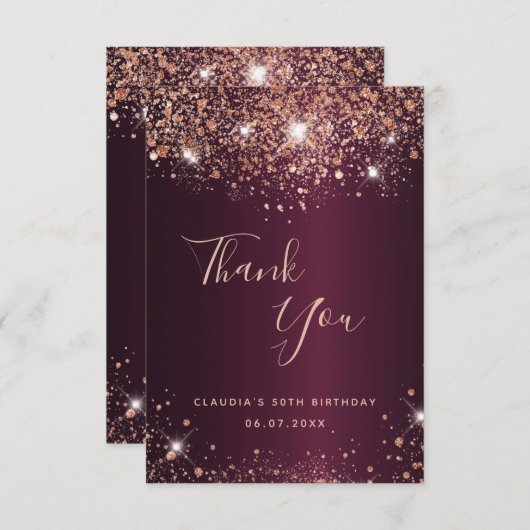 誕生日ブルゴーニュバラ金ゴールド名サンキューカード サンキューカード (正面/裏面)