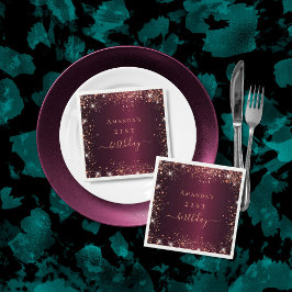 誕生日ブルゴーニュバラ金ゴールド名スクリプト スタンダードカクテルナプキン