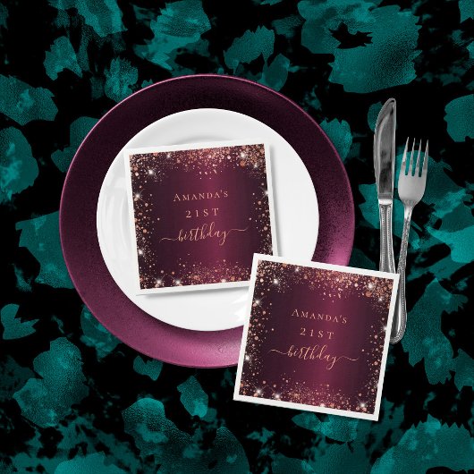 誕生日ブルゴーニュバラ金ゴールド名スクリプト スタンダードカクテルナプキン