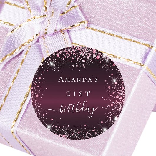 誕生日ブルゴーニュピンクグリッターのダストネームスクリプト ラウンドシール