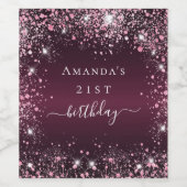 誕生日ブルゴーニュピンクグリッターのダストネームスクリプト ワインラベル (シングルラベル)