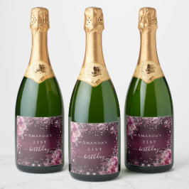 誕生日ブルゴーニュピンクフローラグリッター名glam スパークリングワインラベル