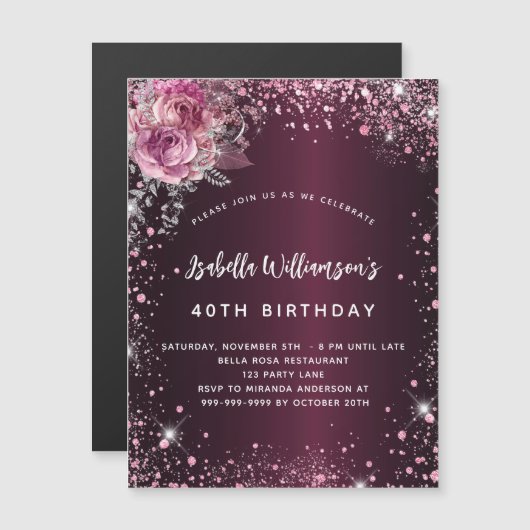 誕生日ブルゴーニュピンク花模様グリッター高級 マグネット招待状 (正面/裏面)