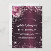 誕生日ブルゴーニュピンク花模様グリッター高級 招待状 (正面)