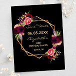 誕生日ブルゴーニュフローラブラック日付を保存 ポストカード<br><div class="desc">A 50歳（または任意の年齢）の誕生日パーティーの日付カードを保存する。フロント：トレンディーボヘミアンボホスタイル。バー飾グンディとピンクの水色のバラで黒エレガントの背景名前フェイク、日付、および年齢の金ゴールドジオメトリフレームとテンプレート。ブルゴーニュ色の文字。名前と文字：日付の保存は手で書いた書スタイルスクリモダンプトで行う。背面：白い背景。ヒントもし：ハガキのように見せたくなクリック、後ろカスタマイズに行き、仕切りとポストスタンプを取り除く。</div>