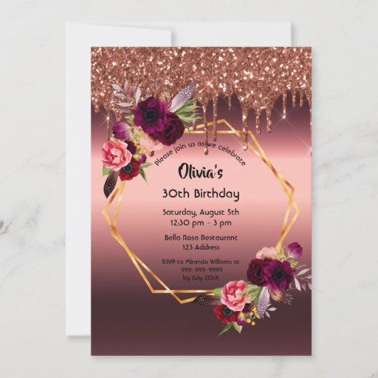 誕生日ブルゴーニュ花模様グリッター幾何学 招待状 (正面)