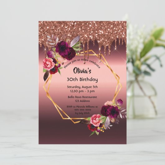 誕生日ブルゴーニュ花模様グリッター幾何学 招待状 (スタンド正面)