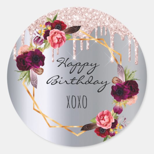 誕生日ブルゴーニュ花模様バラ金ゴールド銀グリッター ラウンドシール (正面)