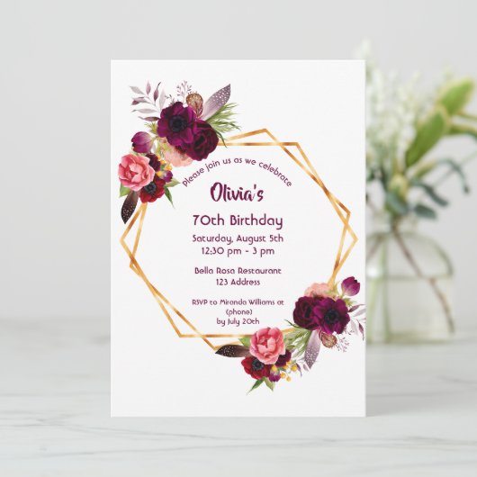 誕生日ブルゴーニュ花模様金ゴールド幾何学 招待状 (スタンド正面)