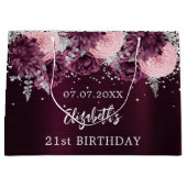 誕生日ブルゴーニュ銀色ピンクの花 ラージペーパーバッグ (正面)