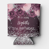 誕生日ブルゴーニュ銀色ピンクの花 缶クーラー (正面)