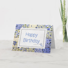 誕生日ブルーキルト針付き カード