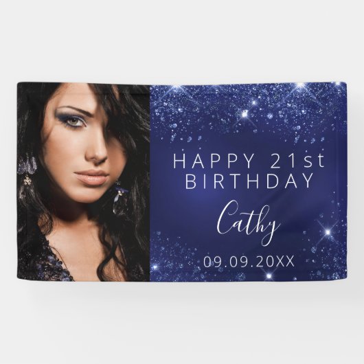 誕生日ブルーグリッターダストカスタムフォトウェルカム 横断幕 (横)