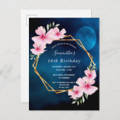 誕生日ブルースカイムーンピンク花模様 ポストカード (正面/裏面)