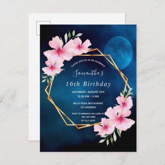 誕生日ブルースカイムーンピンク花模様 ポストカード