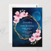 誕生日ブルースカイムーンピンク花模様 ポストカード (正面/裏面)