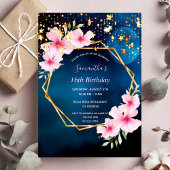 誕生日ブルースカイ星金ゴールドジオピンクフローラ 招待状
