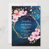誕生日ブルースカイ星金ゴールドジオピンクフローラ 招待状 (正面)