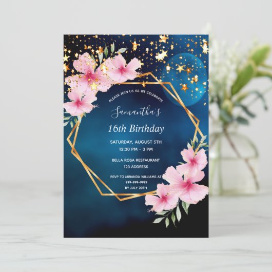 誕生日ブルースカイ星金ゴールドジオピンクフローラ 招待状 (スタンド正面)