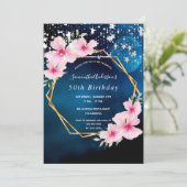 誕生日ブルーピンク花模様金ゴールド幾何学星 招待状 (スタンド正面)
