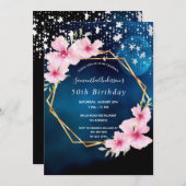 誕生日ブルーピンク花模様金ゴールド幾何学星 招待状 (正面/裏面)