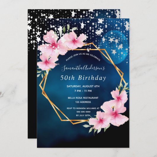 誕生日ブルーピンク花模様金ゴールド幾何学星 招待状 (正面/裏面)