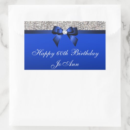 誕生日ブルーボウシルバーシークイン 長方形シール (バッグ)