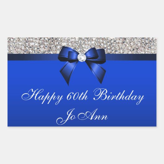 誕生日ブルーボウシルバーシークイン 長方形シール (正面)