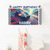 誕生日ブルーレーシングカーバナー 横断幕 (インサイチュ)