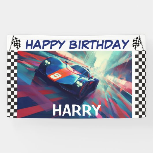 誕生日ブルーレーシングカーバナー 横断幕 (横)