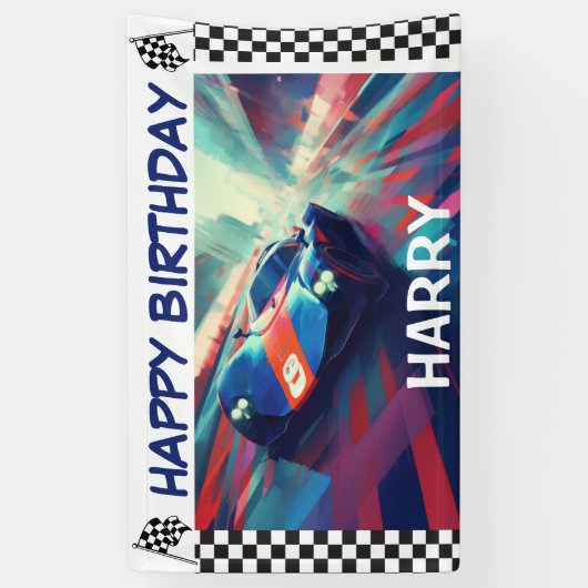 誕生日ブルーレーシングカーバナー 横断幕 (縦)
