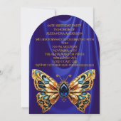 誕生日ブルー素晴らし金ゴールドジュエルバタフライ 招待状 (裏面)