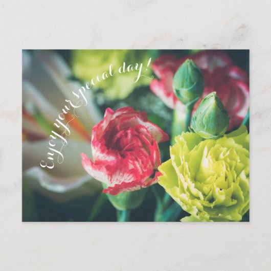 誕生日ブーケ:ピンクとイエローのカーネーション ポストカード (正面)