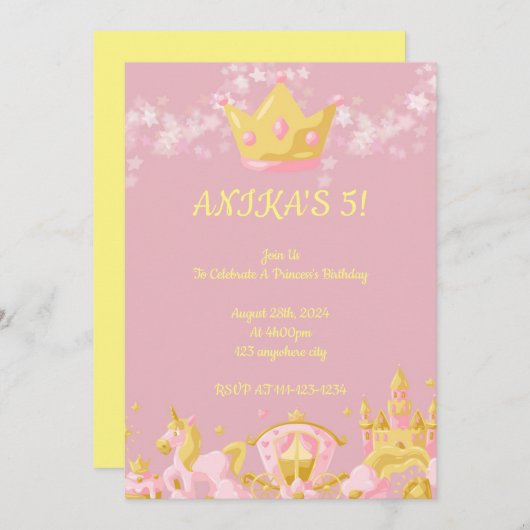 誕生日プリンセス招待状ピーチカラー 招待状 (正面/裏面)