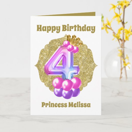 誕生日プリンセス4th誕生日の追加の名前気持ち カード (黄色い花)