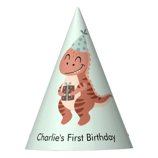 誕生日プレゼントと幸せなTレックス恐竜 パーティーハット (正面)