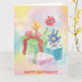 誕生日プレゼントと花のカード カード (黄色い花)