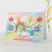 誕生日プレゼントと花のカード カード (黄色い花)