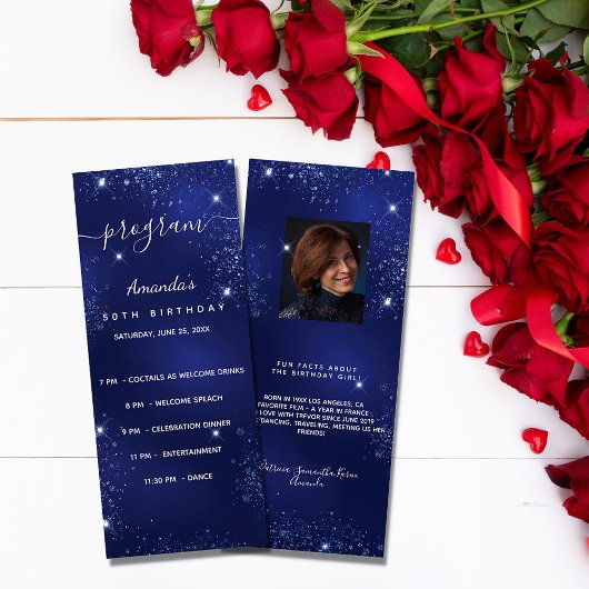 誕生日プログラムブルーグリッター写真おもしろいファクト ラックカード