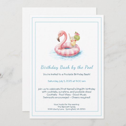 誕生日プールパーティの招待状とカクテル 招待状 (正面/裏面)