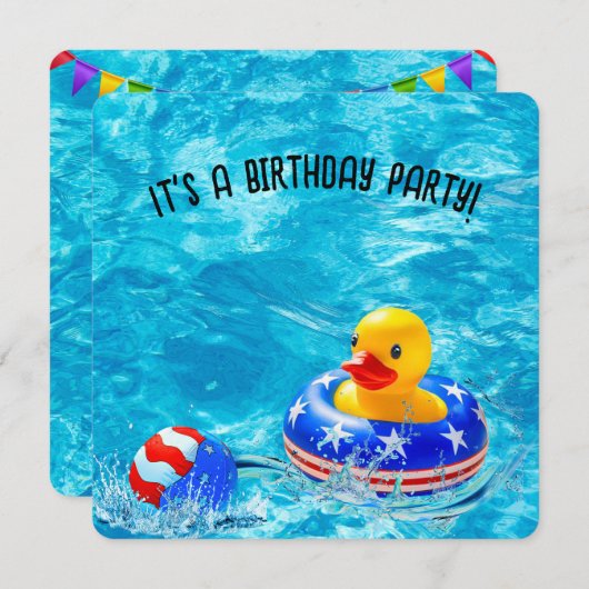 誕生日プールパーティーとイエローダック 招待状 (正面/裏面)