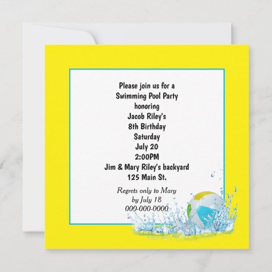 誕生日プールパーティーとイエローダック 招待状 (裏面)