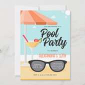 誕生日プールパーティーキュートサングラスティール(緑がかった色)シック10代の 招待状 (正面)