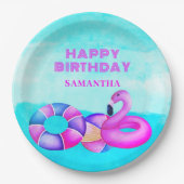 誕生日プールパーティーピンクフラミンゴ ペーパープレート (正面)