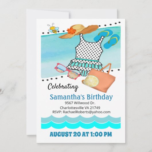 誕生日プールパーティー水着招待状 招待状 (正面)