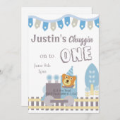 誕生日ベア、列車招待状、1歳の誕生日 シーズンカード (正面/裏面)