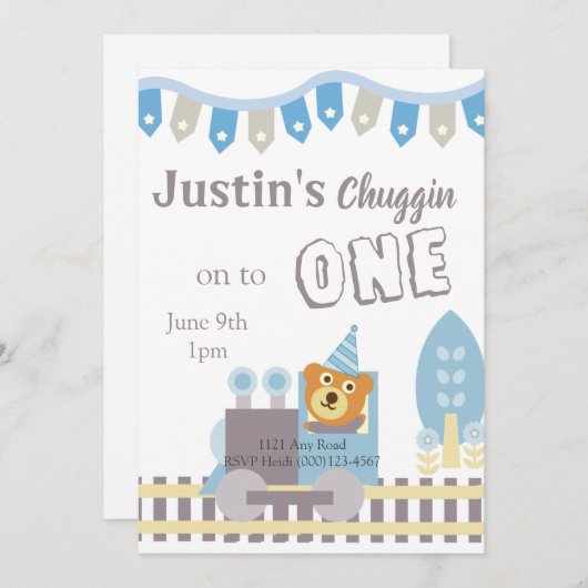 誕生日ベア、列車招待状、1歳の誕生日 シーズンカード (正面/裏面)