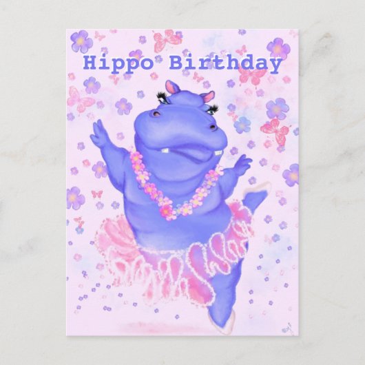 誕生日ベビーカードバレリーナヒッポ – あなたのテキスト ポストカード (正面)