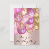 誕生日ベビーシャワーピンクの金ゴールドバルーンの上昇 招待状 (裏面)