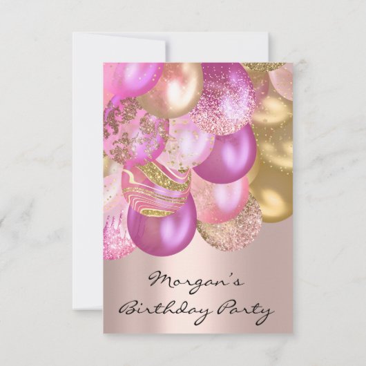 誕生日ベビーシャワーピンクの金ゴールドバルーンの上昇 招待状 (裏面)